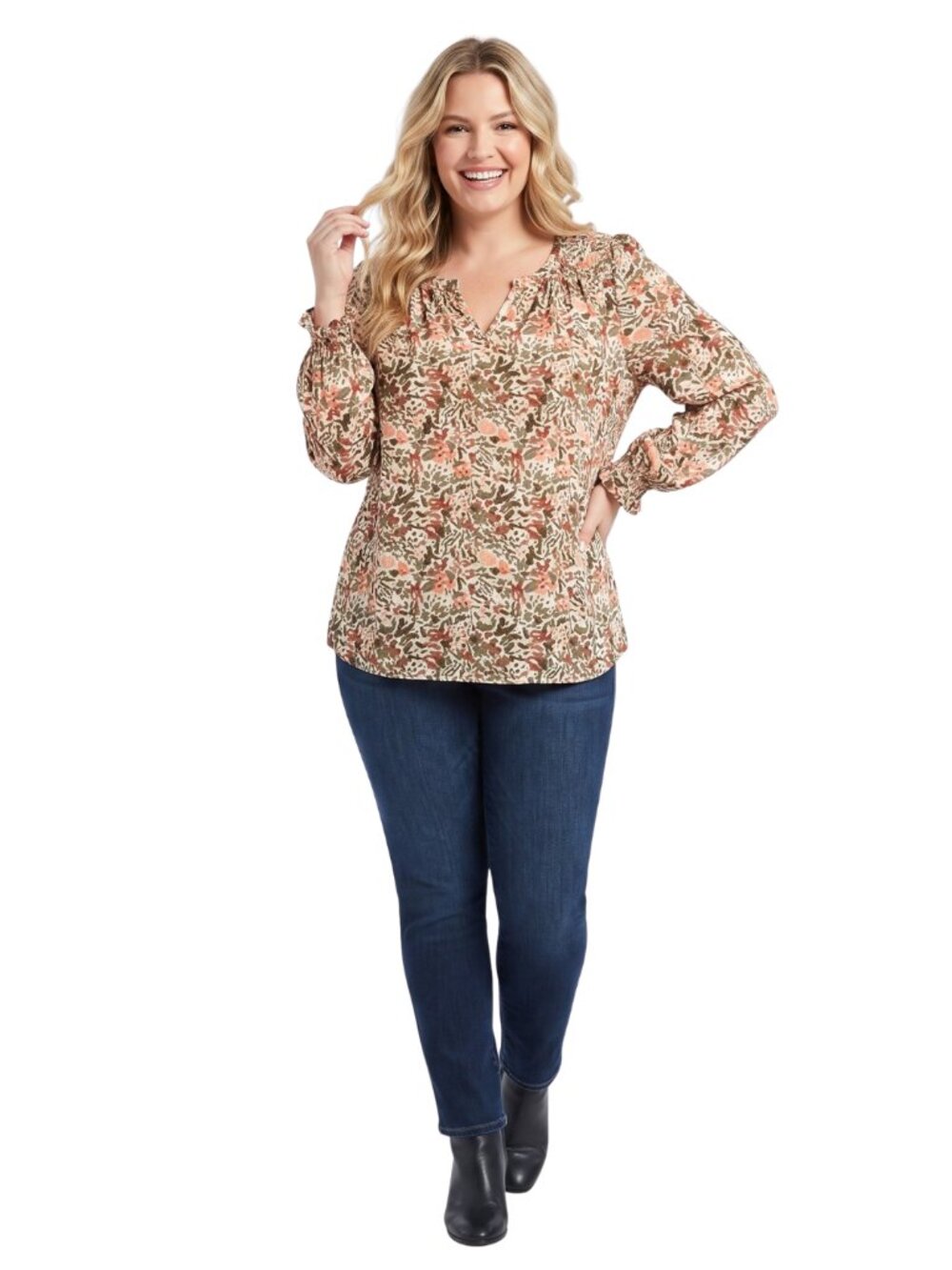 Jessica Simpson Boho Floral Split Neck Peasant Blouse Smocked Ruffle Top Large